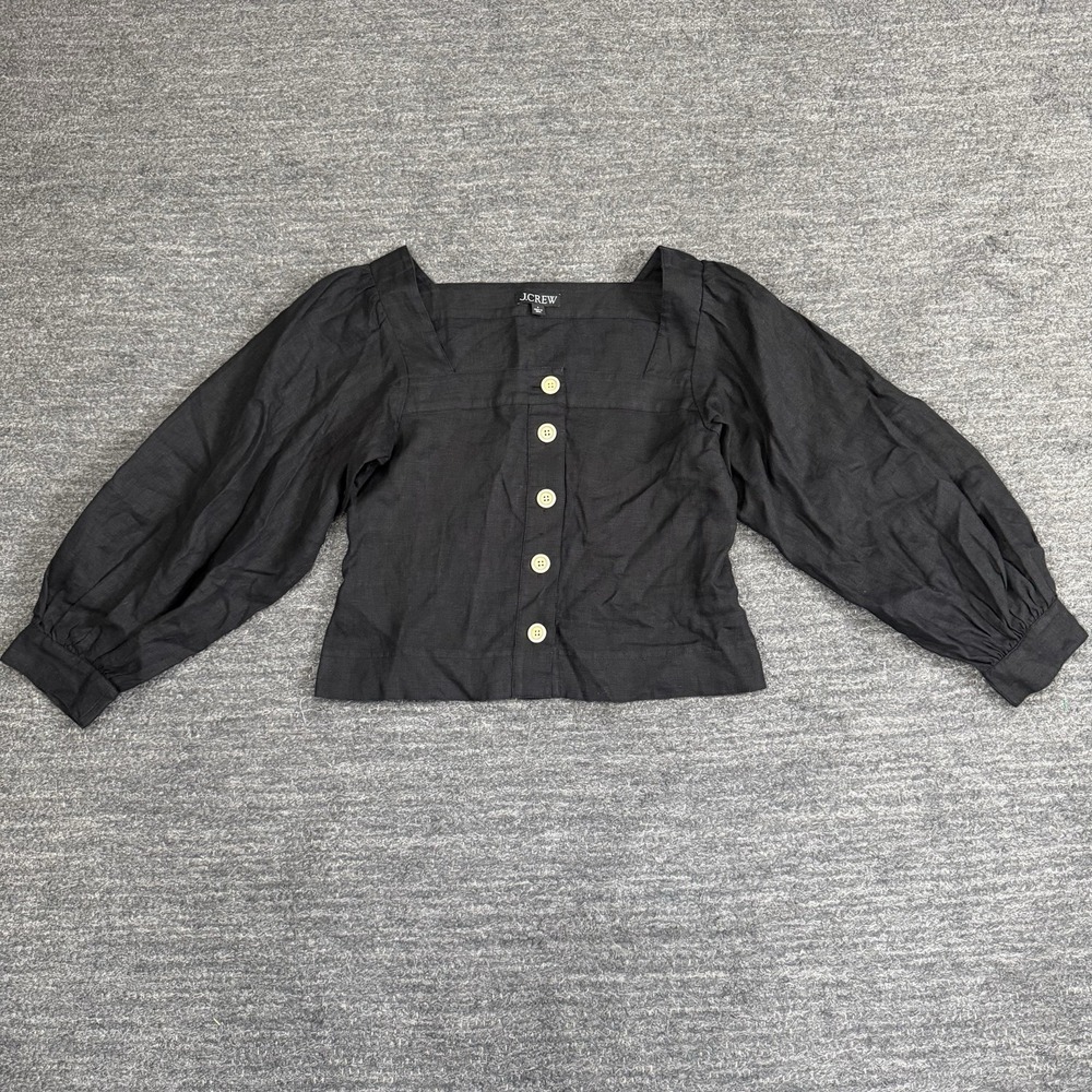 J Crew Shirt Women Small Square Neck Button Front Linen Top Black Peasant Blouse - Picture 1 of 10